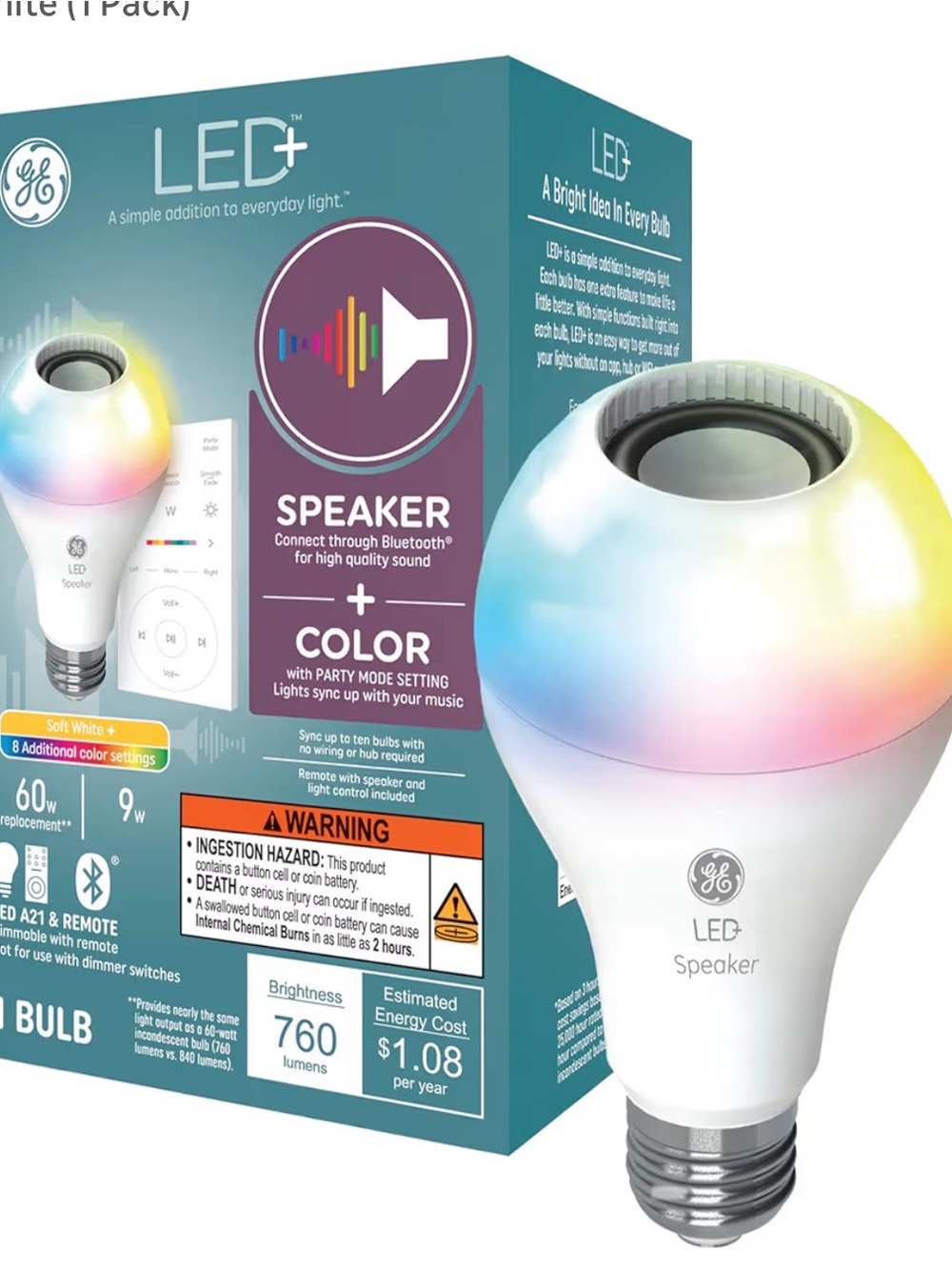 GE LED Bluetooth Speaker Color Changing Smart Light Bulb